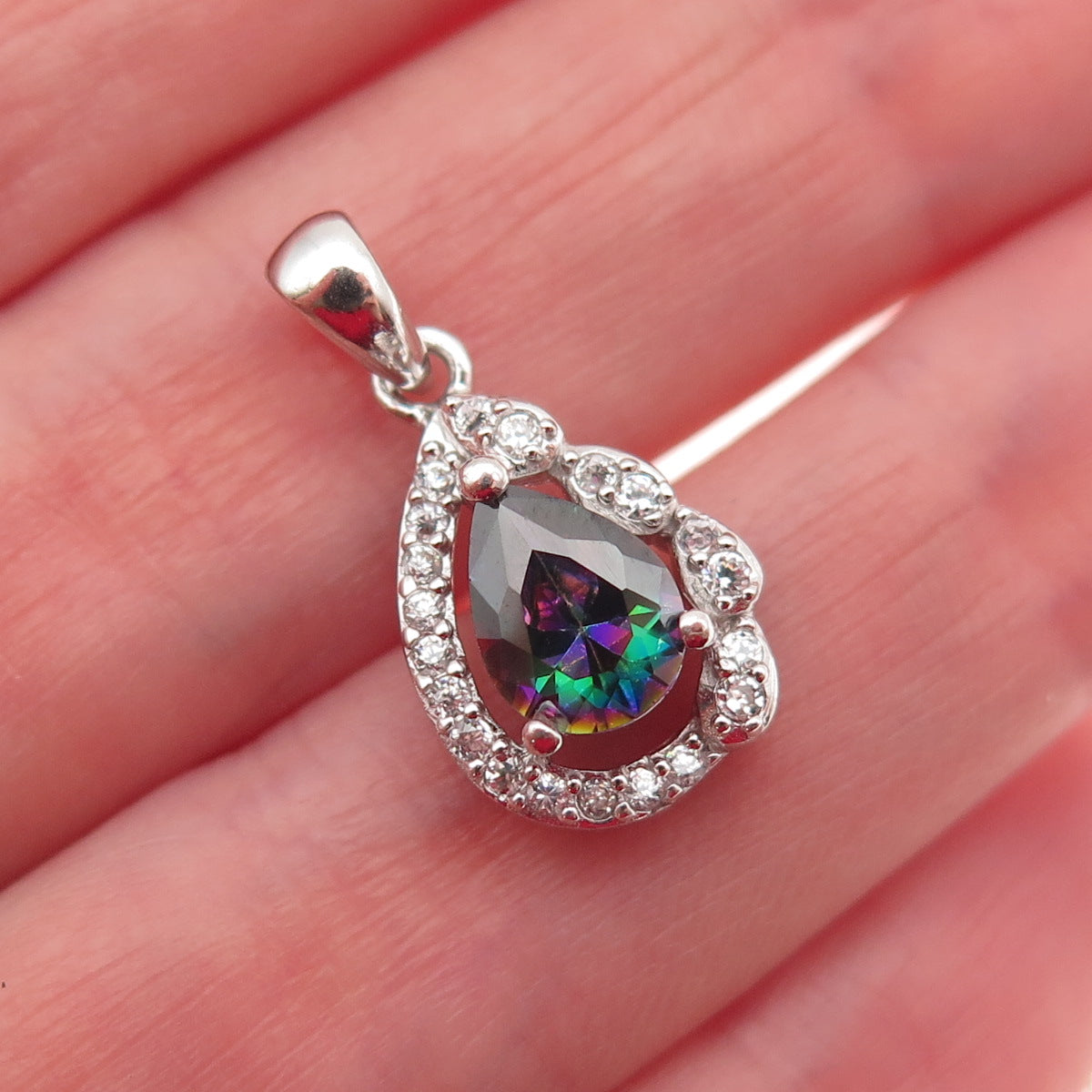 925 Sterling Silver Real Mystic Quartz & C Z Teardrop Mini Charm Pendant