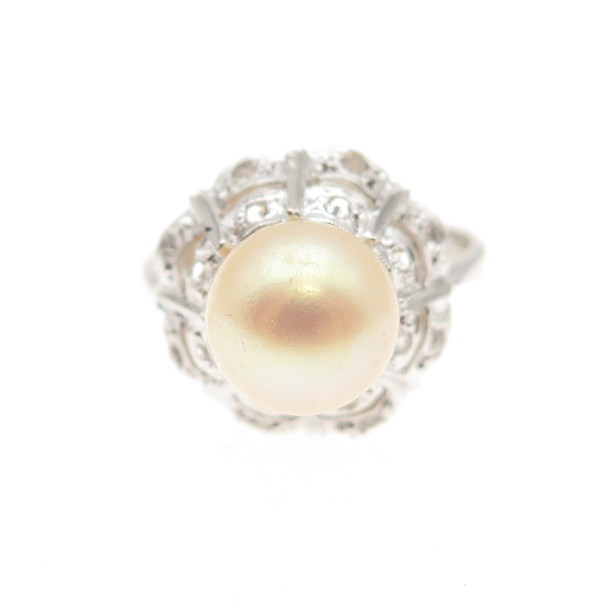 925 Sterling Silver Faux Pearl & Rhinestone Ring Size 5.75