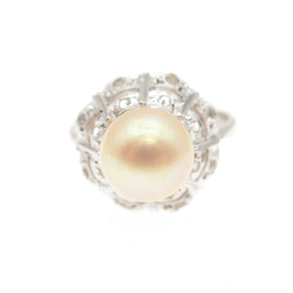 925 Sterling Silver Faux Pearl & Rhinestone Ring Size 5.75