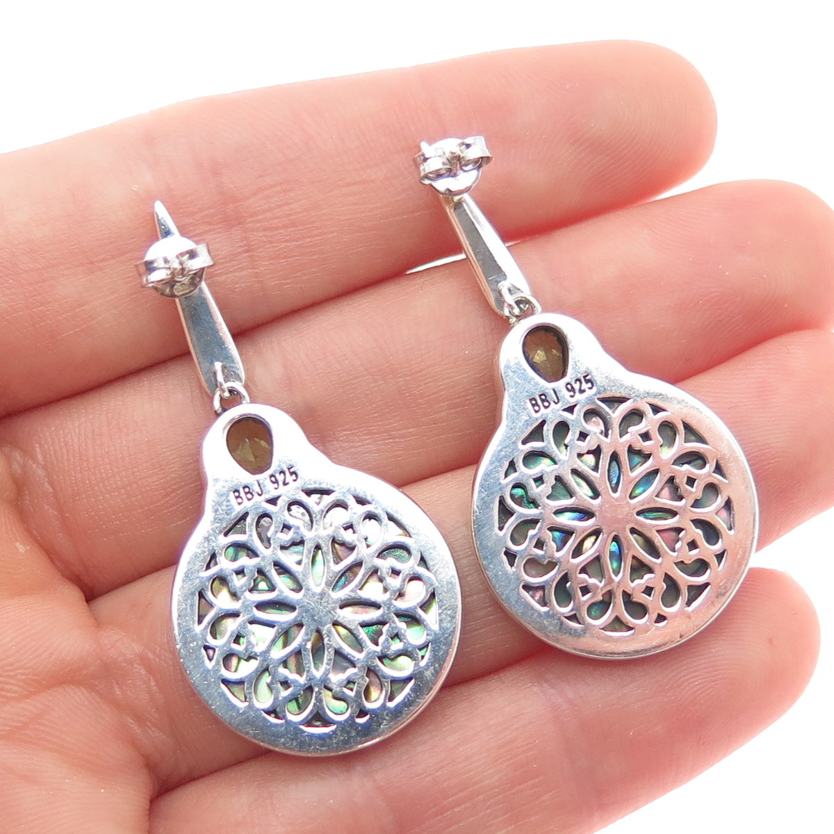 925 Sterling Silver Vintage Real Abalone Shell & Peridot Ornate Dangle Earrings