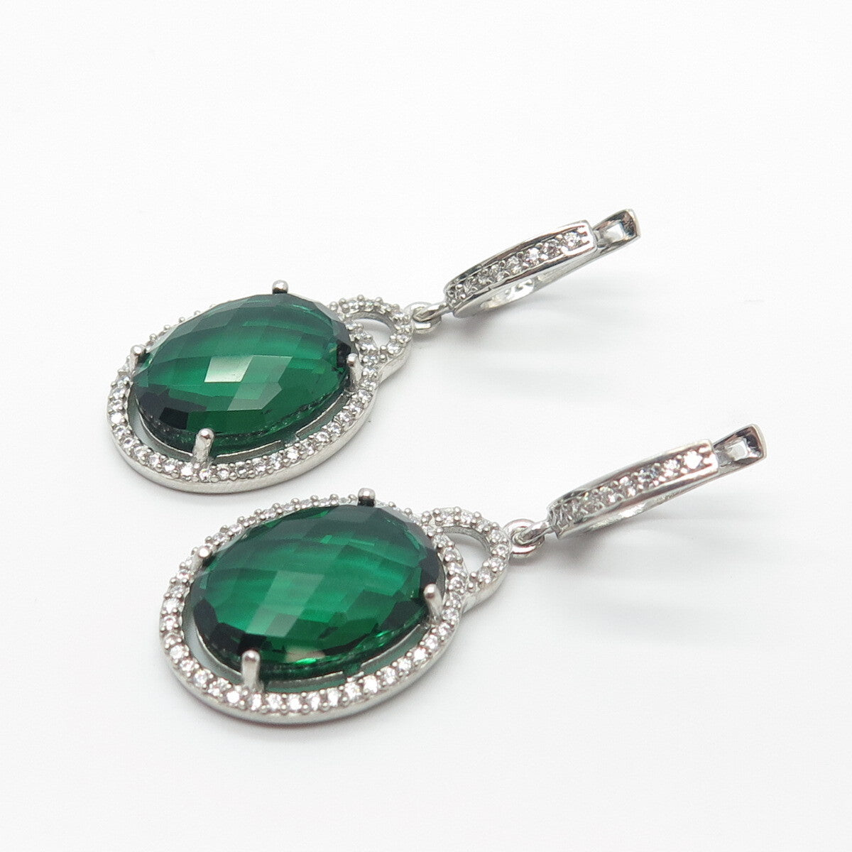 925 Sterling Silver White & Green C Z Dangling Earrings
