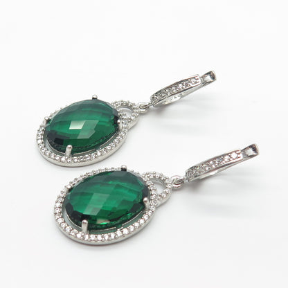 925 Sterling Silver White & Green C Z Dangling Earrings