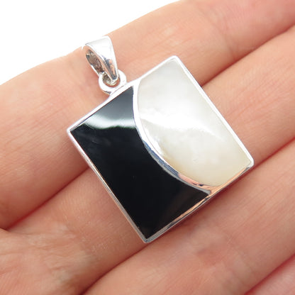 925 Sterling Silver Vintage Real MOP & Black Onyx Modernist Charm Pendant
