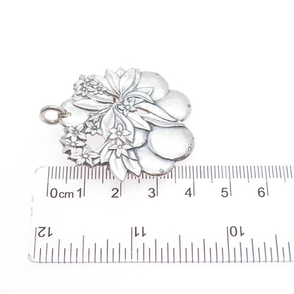 925 Sterling Silver Vintage Pear & Flower Oxidized Pin Brooch / Pendant
