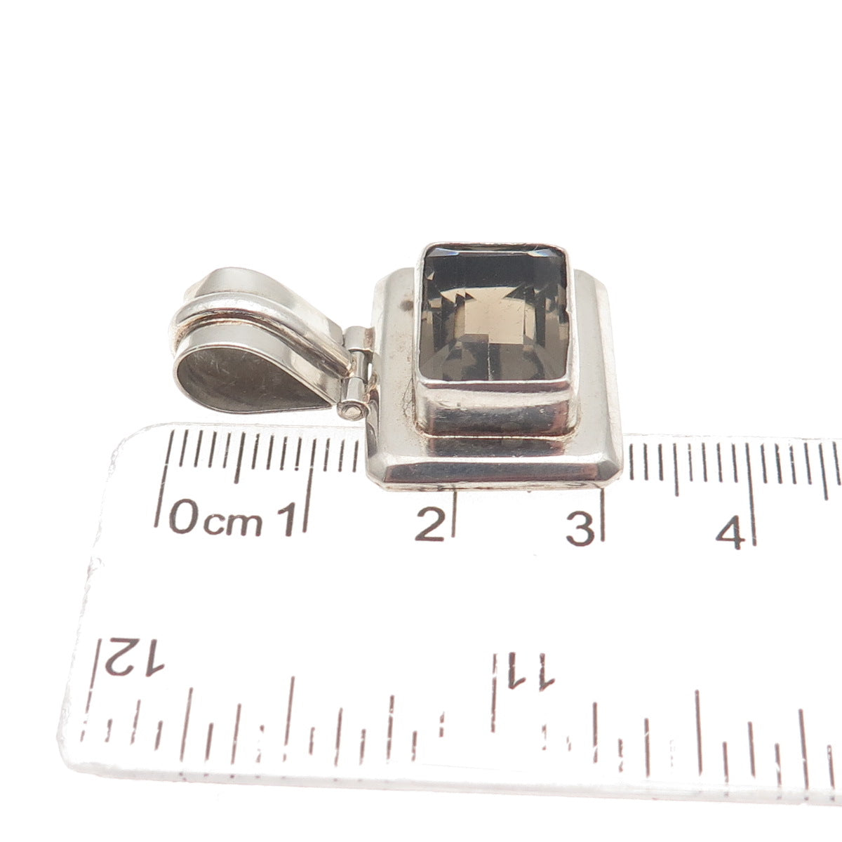 925 Sterling Silver Vintage Real Emerald-Cut Smoky Quartz Charm Pendant