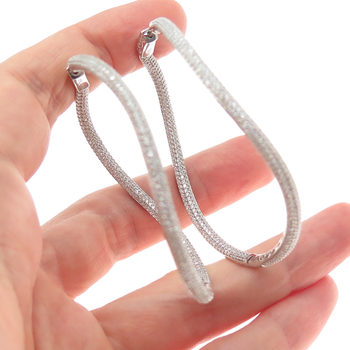 KLEO 925 Sterling Silver Round-Cut C Z In & Out Wavy Large Hoop Earrings