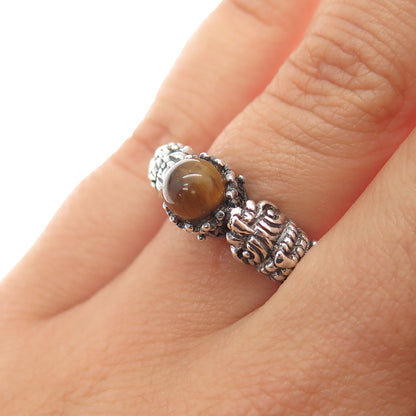 950 Silver Vintage Real Tiger Eye Dragon Oxidized Ring Size 5.5