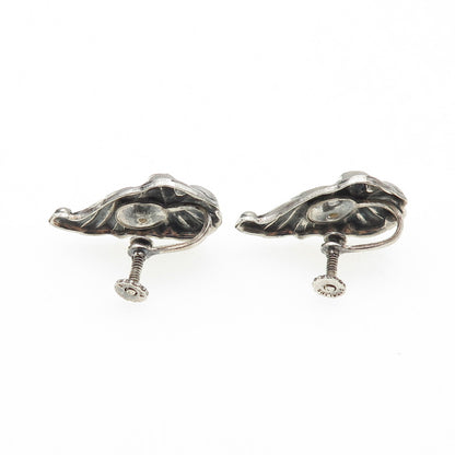 925 Sterling Antique Art Deco Lily Flower Repousse Oxidized Screw Back Earrings