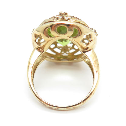 925 Sterling Silver Gold Plated Real Oval-Cut Peridot C Z Floral Ring Size 6.25