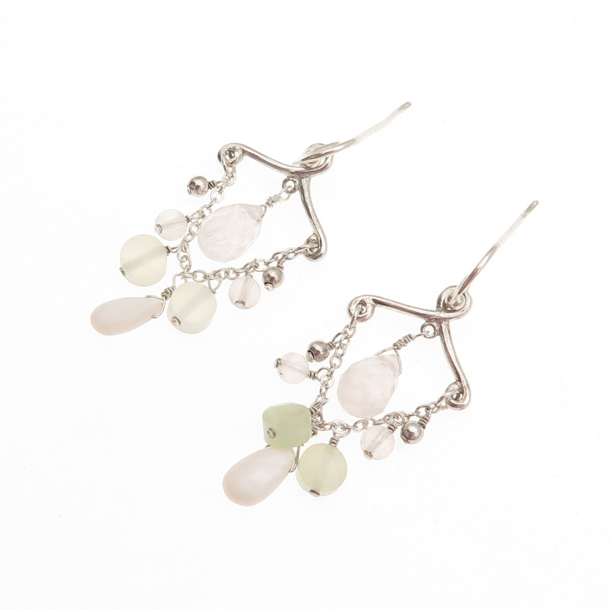 BARSE 925 Sterling Silver Vintage Real MOP Jade & Rose Quartz Dangle Earrings