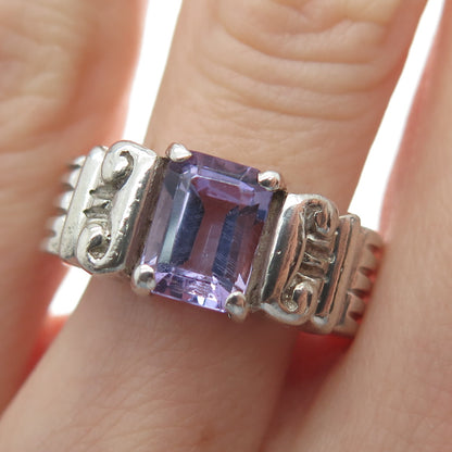 925 Sterling Silver Vintage Real Emerald-Cut Amethyst Gem Column Ring Size 7.75