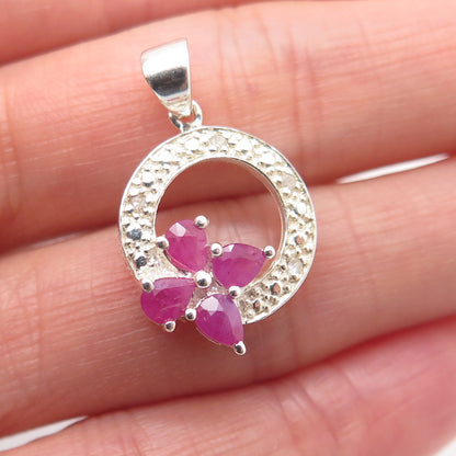925 Sterling Silver Real Round-Cut Diamond & Pear-Cut Ruby Minimalist Pendant
