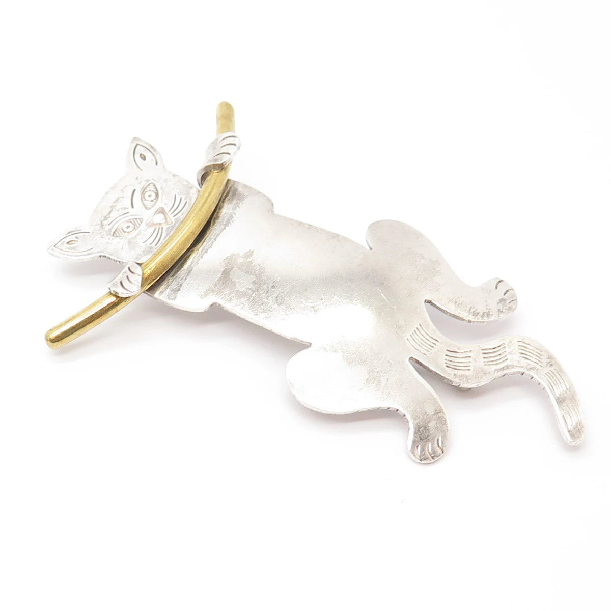 925 Sterling Silver 2-Tone Vintage Mexico Cat Hanging On a Branch Pin Brooch
