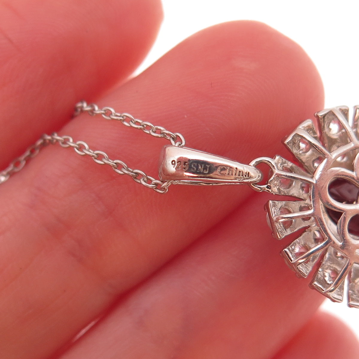 925 Sterling Silver Real Red Garnet White Topaz Floral Cable Chain Necklace 18"