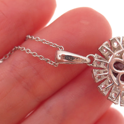 925 Sterling Silver Real Red Garnet White Topaz Floral Cable Chain Necklace 18"