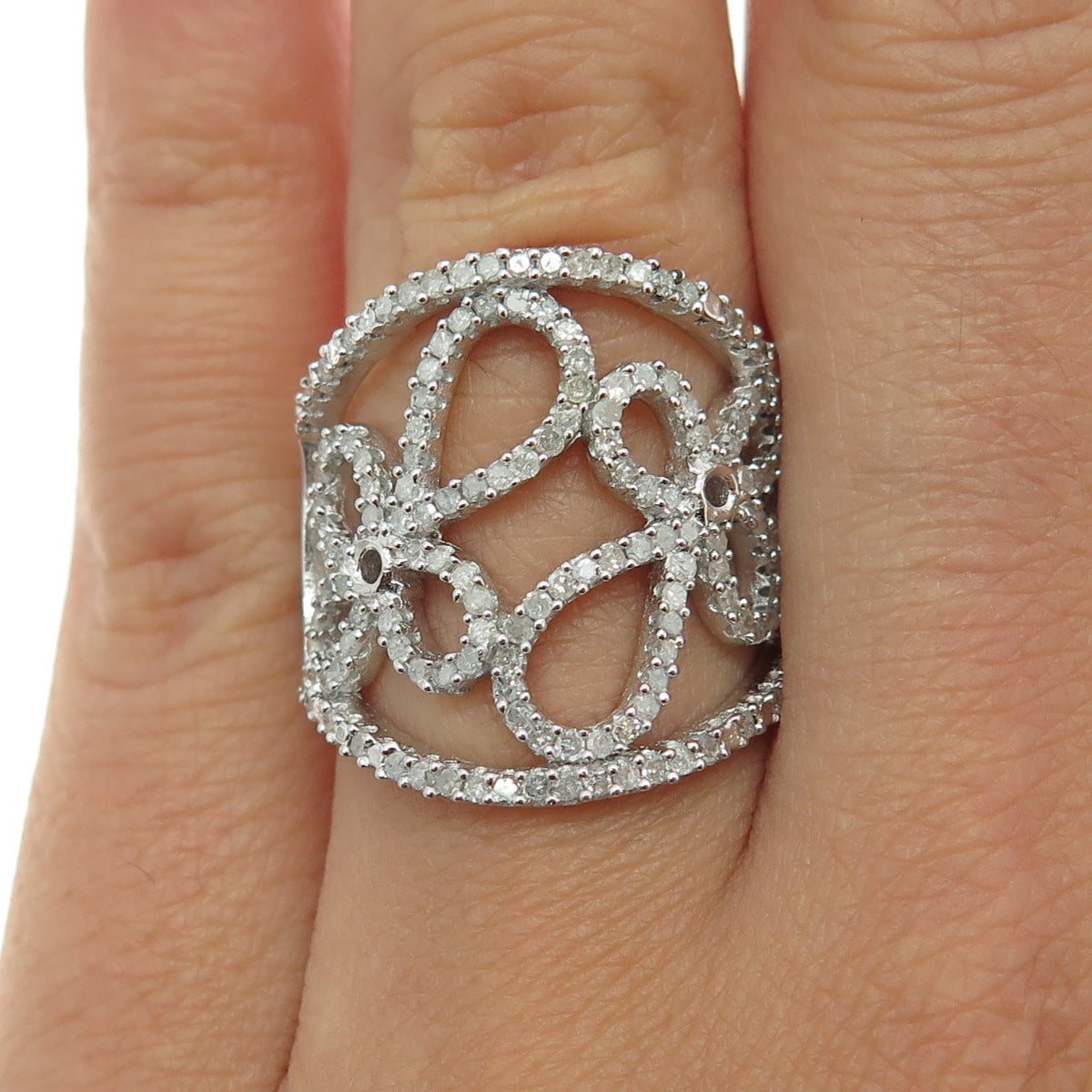 925 Sterling Silver Real Round-Cut Diamond Floral Cross Ring Size 7