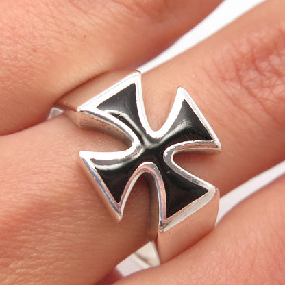 925 Sterling Silver Vintage Black Enamel Cross Ring Size 11.25