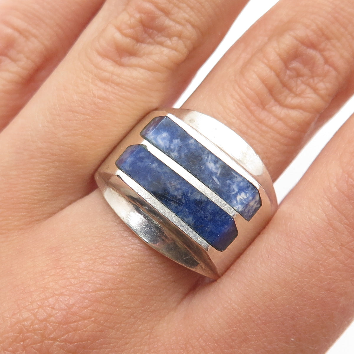 925 Sterling Silver Vintage Mexico Real Sodalite Modernist Ring Size 11.25