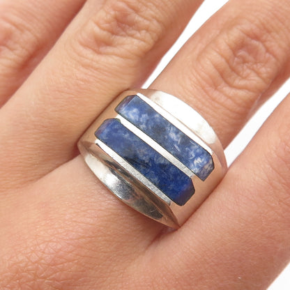 925 Sterling Silver Vintage Mexico Real Sodalite Modernist Ring Size 11.25