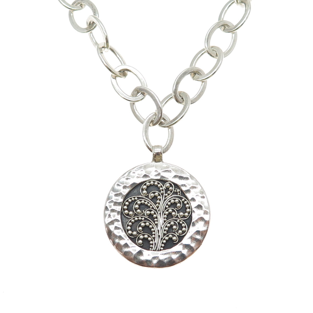 LOIS HILL 925 Sterling Vintage Granulated Scroll Hammered Pendant Necklace 16"