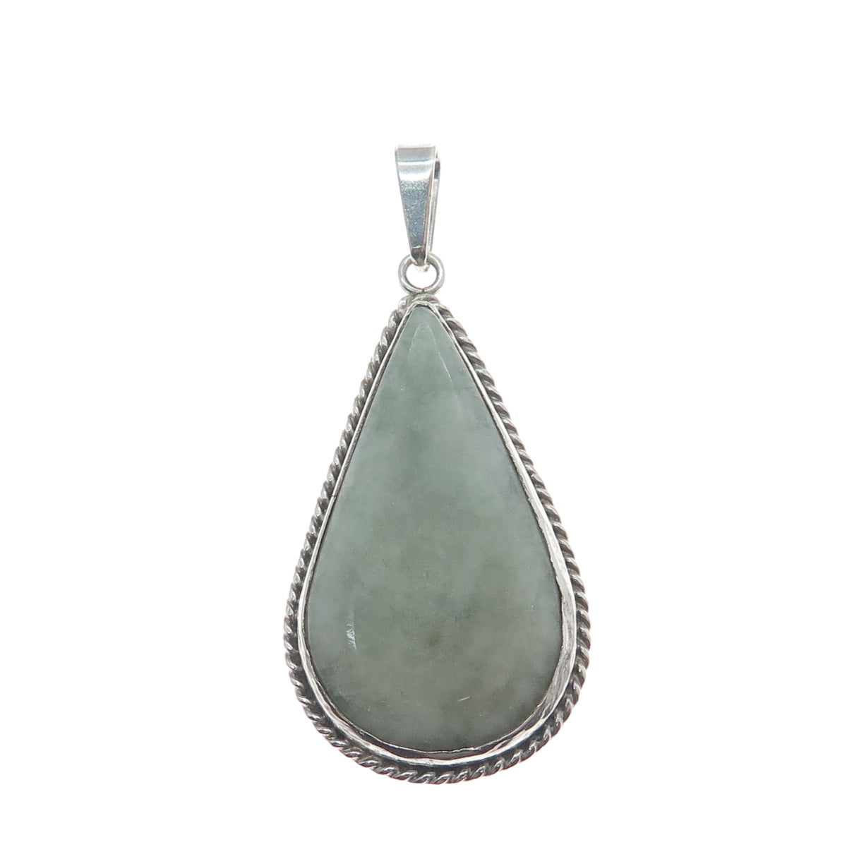 925 Sterling Silver Vintage Real Jade Gemstone Roped Bezel Teardrop Pendant