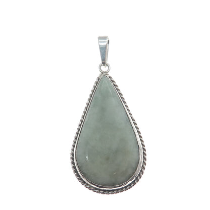 925 Sterling Silver Vintage Real Jade Gemstone Roped Bezel Teardrop Pendant