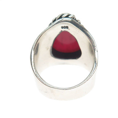 925 Sterling Silver Vintage Real Pear-Cut Rhodonite Oxidized Ring Size 8.5
