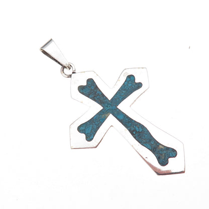 925 Sterling Silver Vintage Mexico Real Turquoise Inlay Cross Pendant