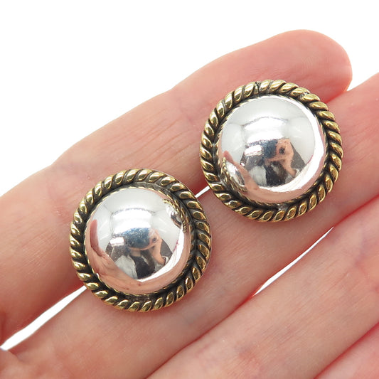 LATON 925 Sterling Silver 2-Tone Vintage Mexico Modernist Roped Dome Earrings