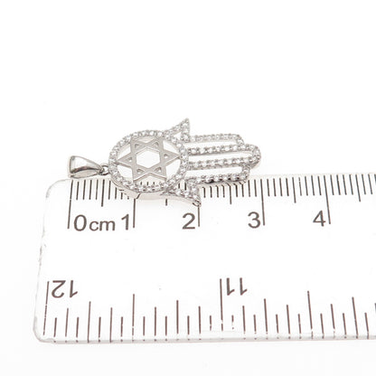 925 Sterling Silver Round-Cut C Z Star of David Hamsa Amulet Charm Pendant