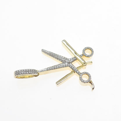925 Sterling Silver Gold Plated Round-Cut C Z Scissors & Razor Barber Pendant