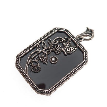 925 Sterling Silver Vintage Real Diamond & Black Onyx Floral Oxidized Pendant