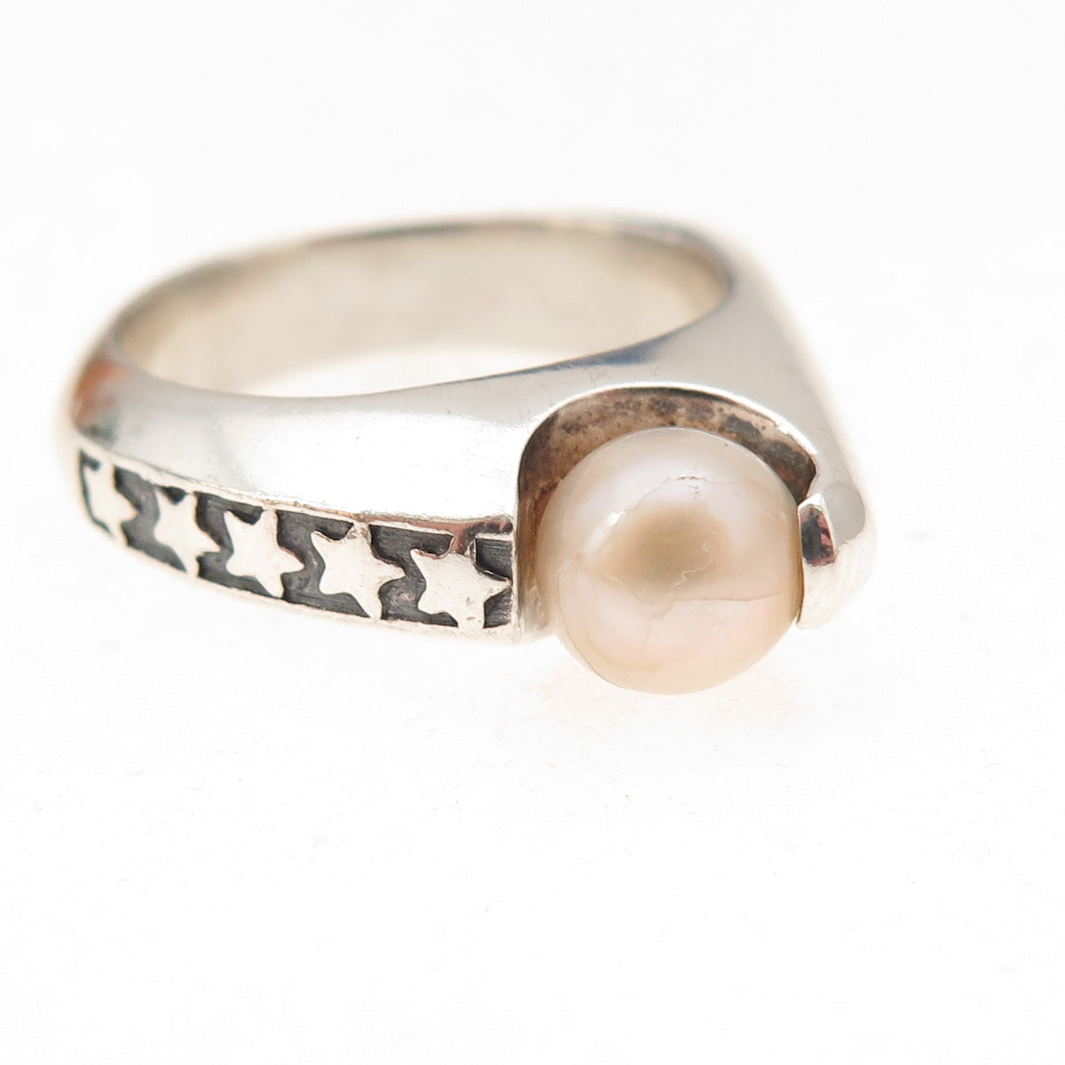 925 Sterling Silver Vintage Real Pearl Star Modernist Oxidized Ring Size 8.5
