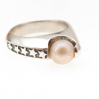 925 Sterling Silver Vintage Real Pearl Star Modernist Oxidized Ring Size 8.5