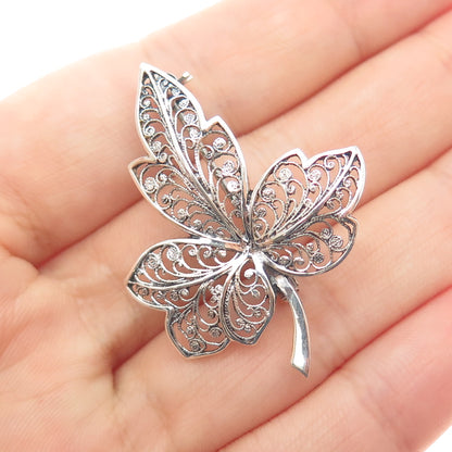 800 Silver Vintage Modernist Floral Leaf Filigree Oxidized Pin Brooch