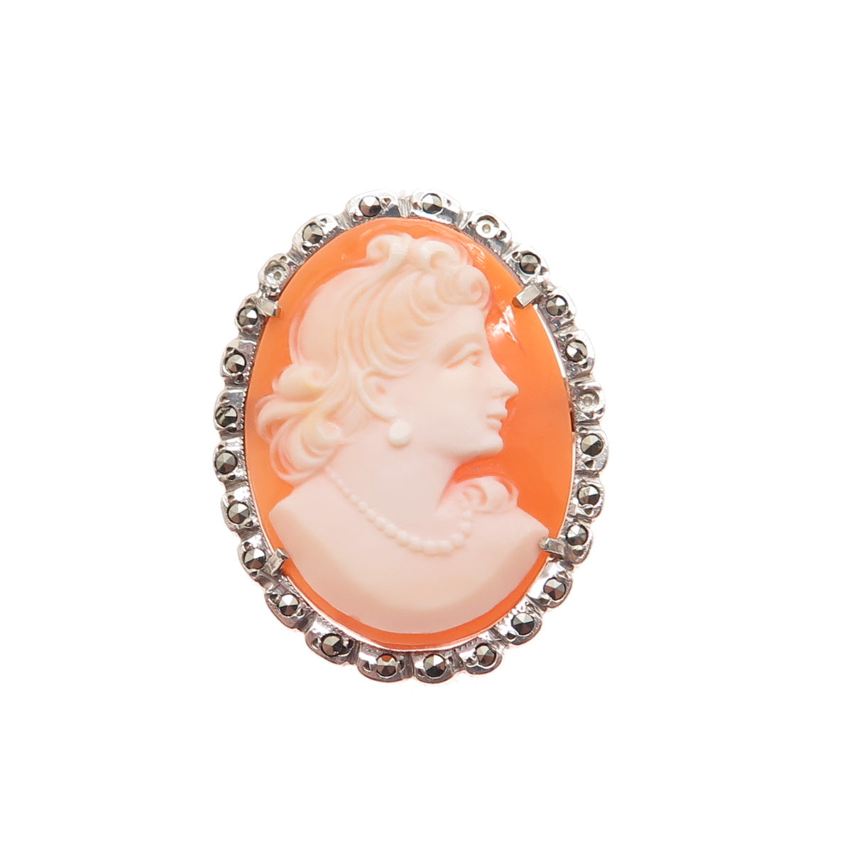 800 Silver Antique MOP & Marcasite Lady Cameo Brooch / Pendant (missing 2 stone)