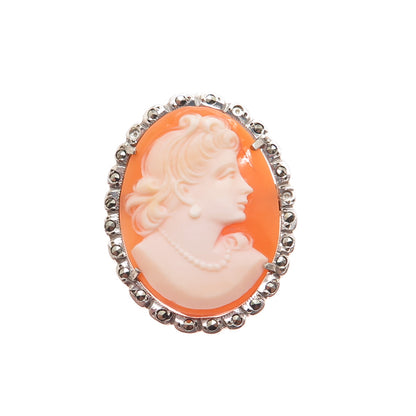 800 Silver Antique MOP & Marcasite Lady Cameo Brooch / Pendant (missing 2 stone)