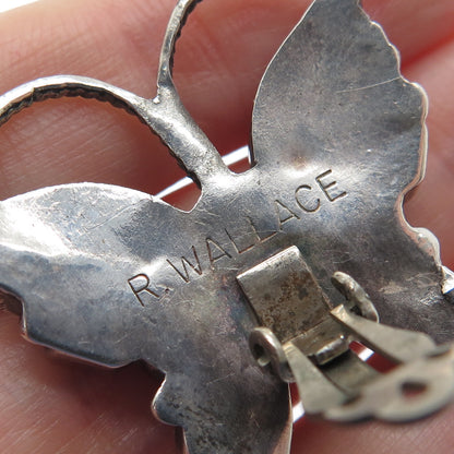 R WALLACE Old Pawn Sterling Opal Turquoise Coral Onyx Butterfly Clip On Earrings