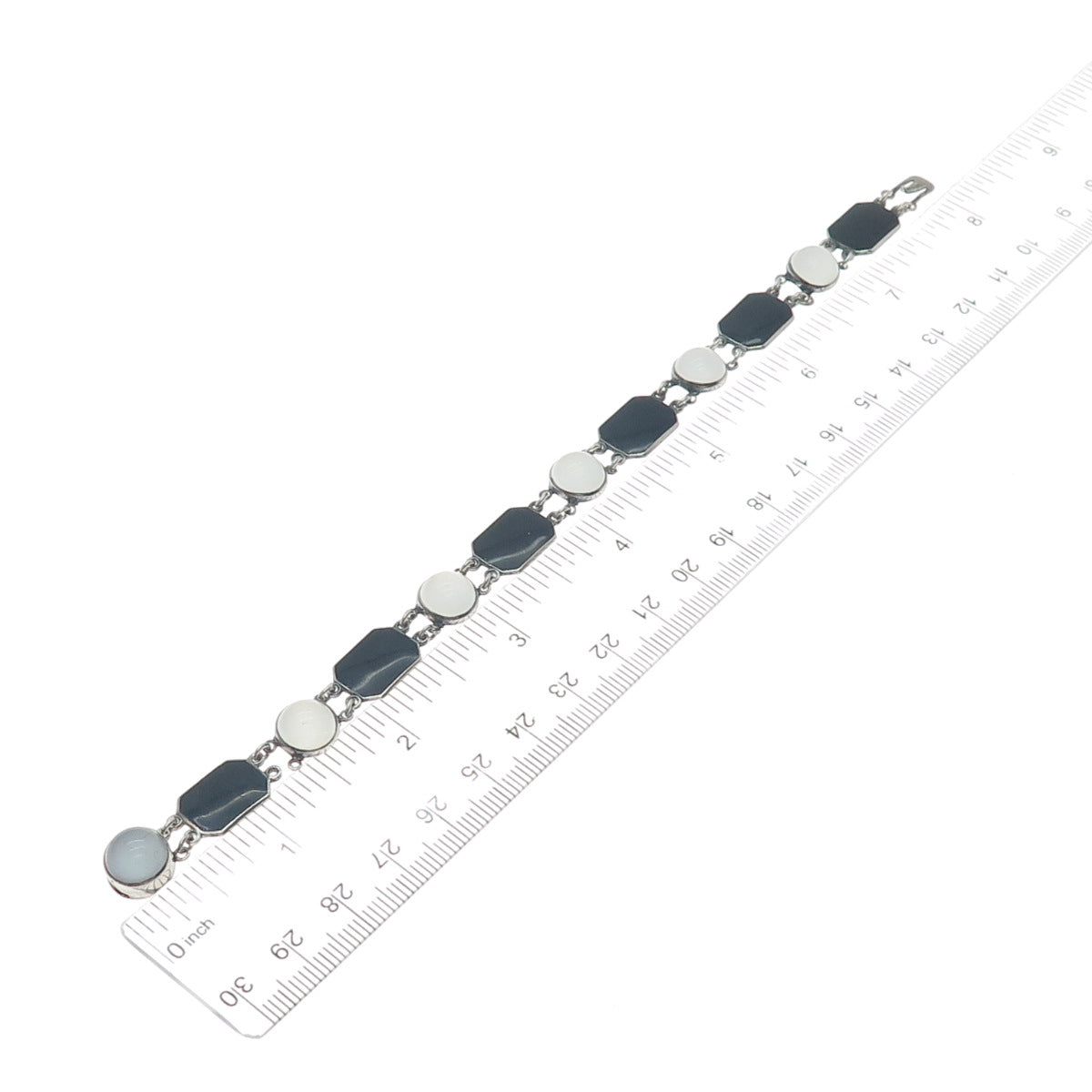 925 Sterling Silver Antique Real Opalite & Enamel Bracelet 7.75" (repair)