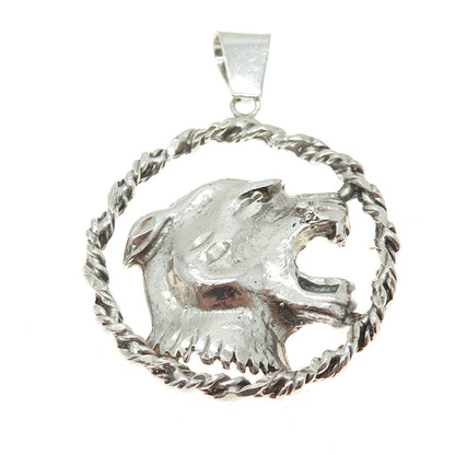 925 Sterling Silver Vintage Roaring Tiger Circle Pendant