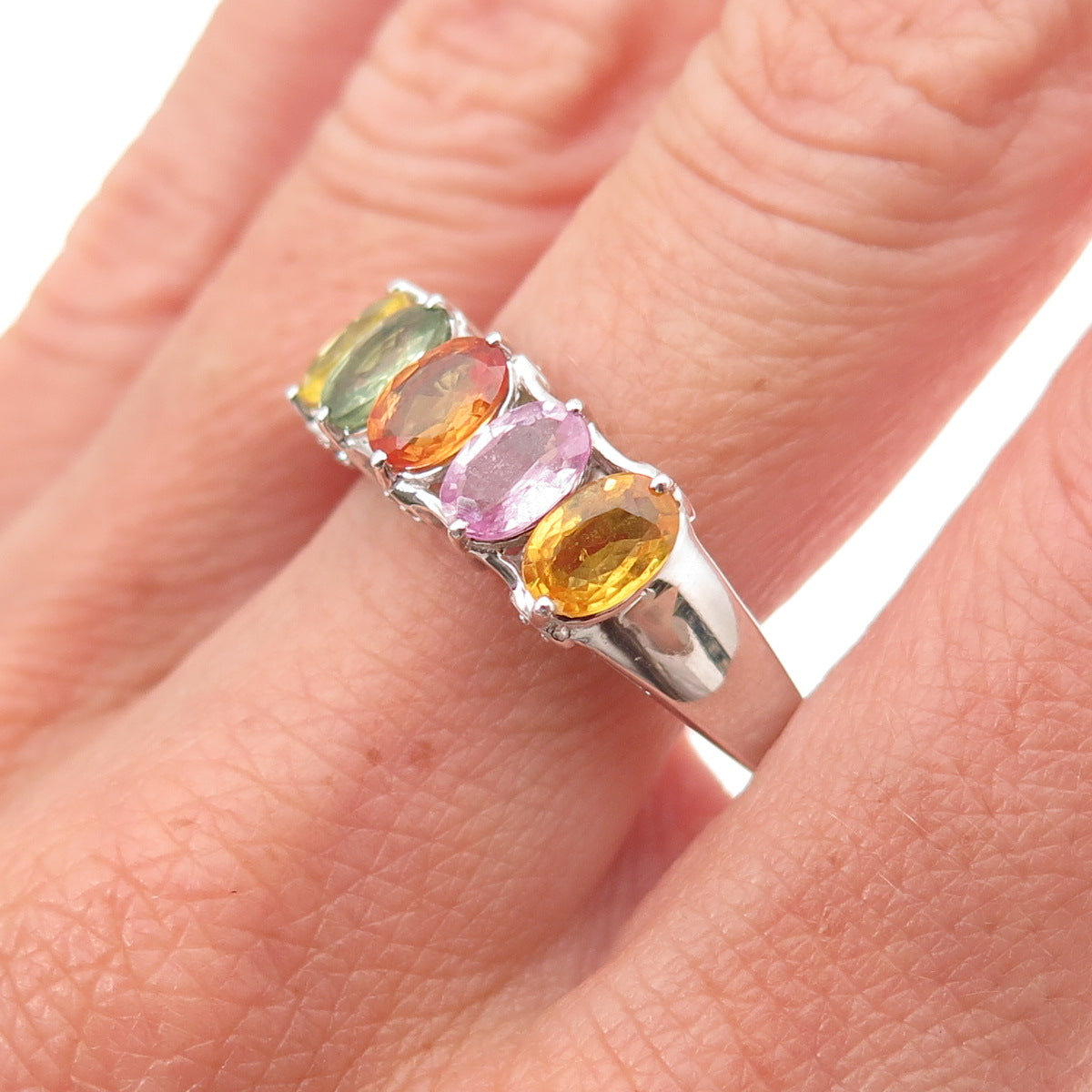 925 Sterling Silver Real Oval-Cut Multi-Color Sapphire Ring Size 12