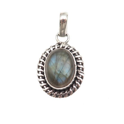 925 Sterling Silver Vintage Real Labradorite Modernist Oxidized Charm Pendant