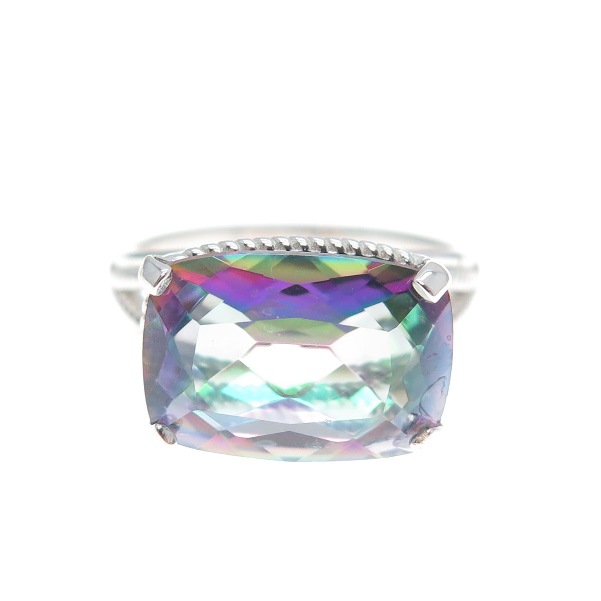 925 Sterling Silver Real Mystic Quartz Roped Bezel Ring Size 7.25