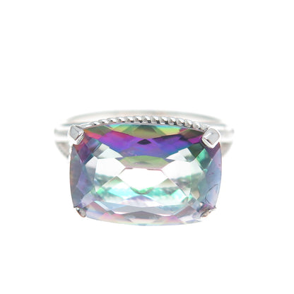 925 Sterling Silver Real Mystic Quartz Roped Bezel Ring Size 7.25