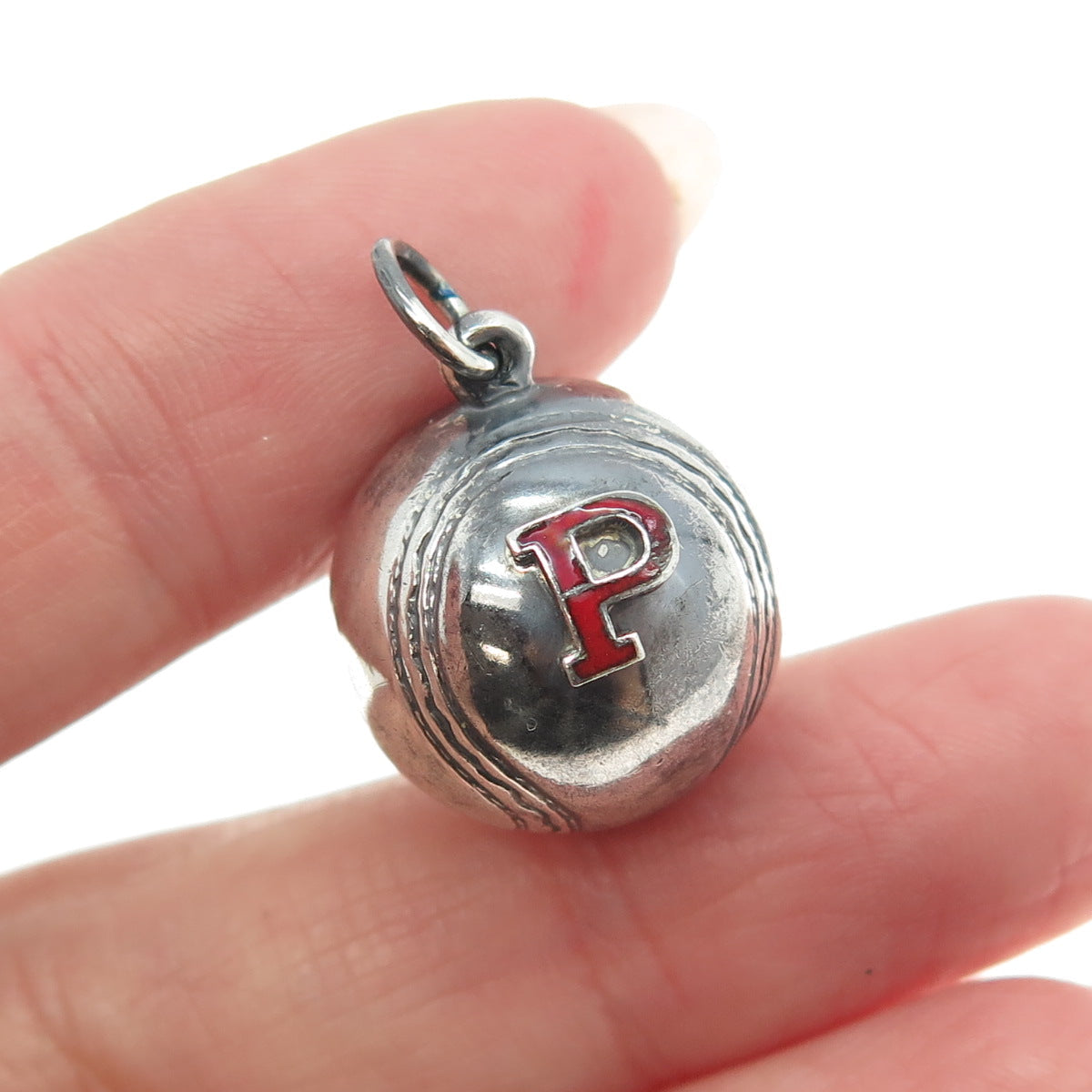 J.M. FISHER 925 Sterling Silver Antique Letter "P" Initial Baseball Ball Pendant