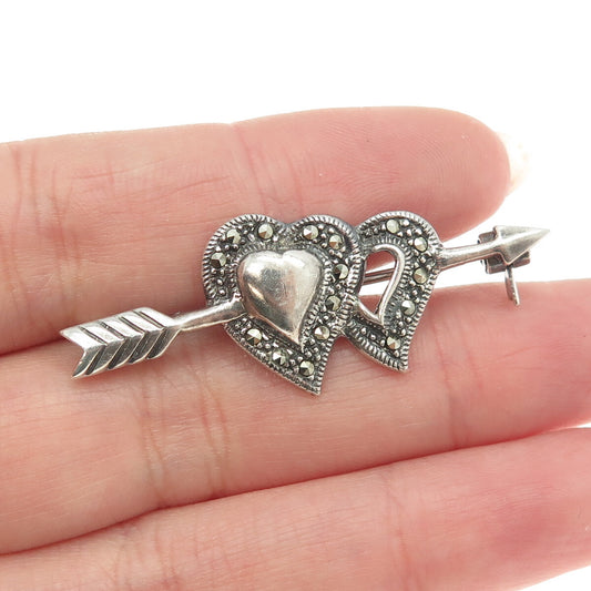 925 Sterling Silver Vintage Real Marcasite Gem Couple of Hearts Arrow Brooch