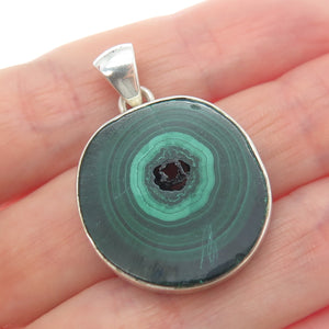 925 Sterling Silver Vintage Real Malachite Modernist Charm Pendant