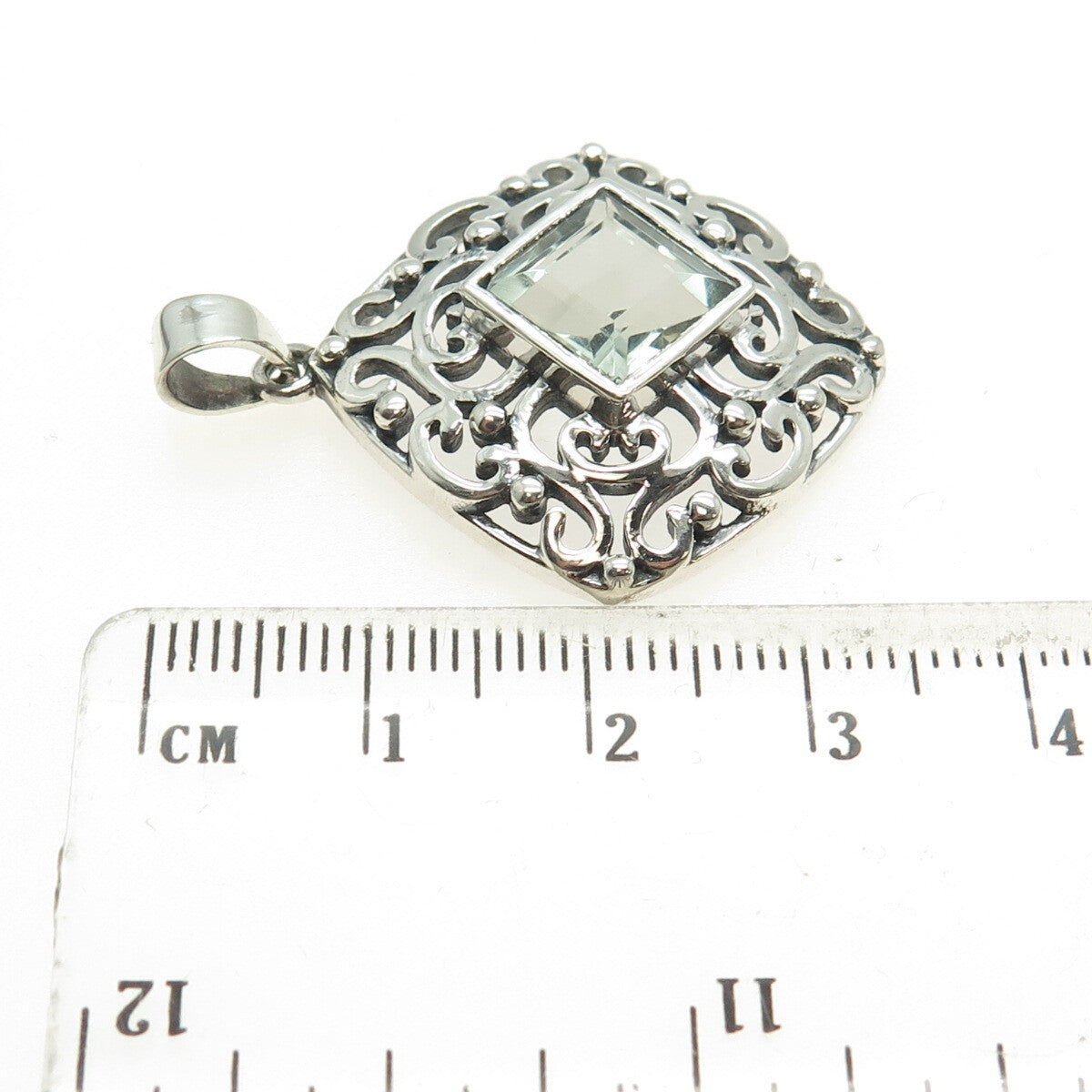 925 Sterling Silver Vintage Real Green Amethyst Swirl Cushion Pendant