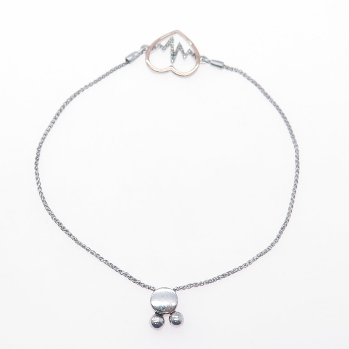 925 Sterling Silver 10K Gold Real Diamond Heartbeat Adjustable Bracelet 6-8.75"