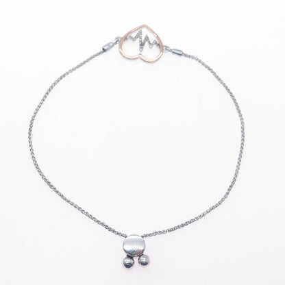 925 Sterling Silver 10K Gold Real Diamond Heartbeat Adjustable Bracelet 6-8.75"
